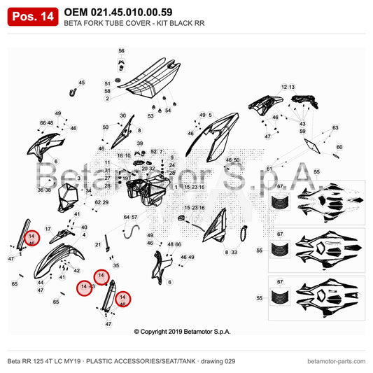 BETA FORK TUBE COVER - KIT BLACK RR – OEM 021.45.010.00.59, position 14 on the Beta RR 125 4T LC MY19 plastic accessories/seat/tank drawing