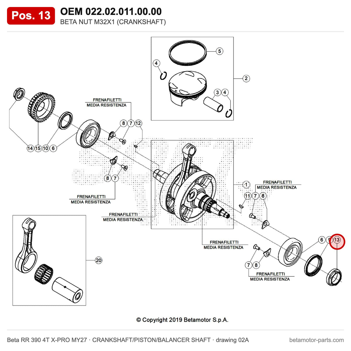 BETA NUT M32X1 (CRANKSHAFT) – OEM 022.02.011.00.00, position 13 on the Beta RR 390 4T X-PRO MY27 crankshaft/piston/balancer shaft drawing