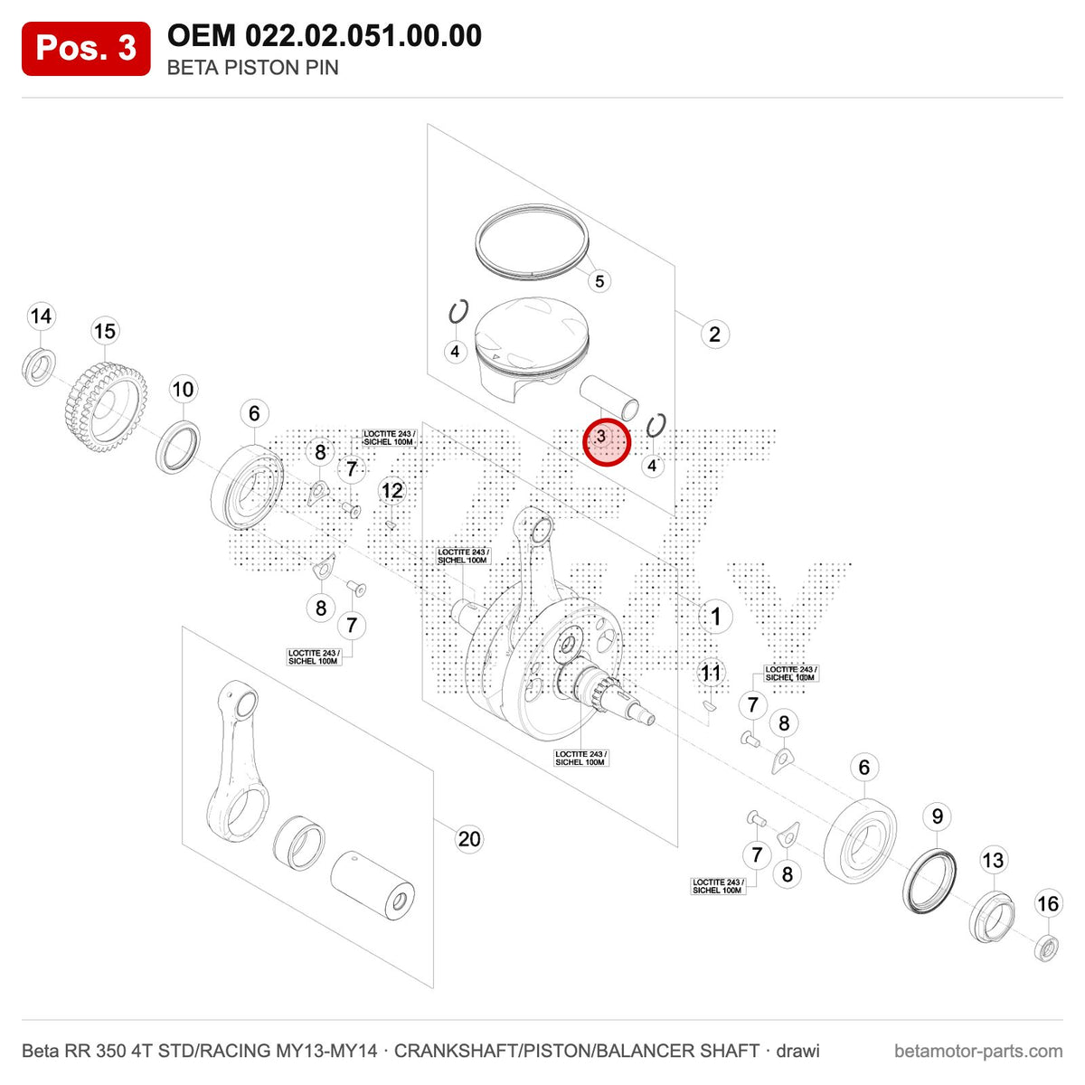 BETA PISTON PIN – OEM 022.02.051.00.00, position 3 on the Beta RR 350 4T STD/RACING MY13-MY14 crankshaft/piston/balancer shaft drawing