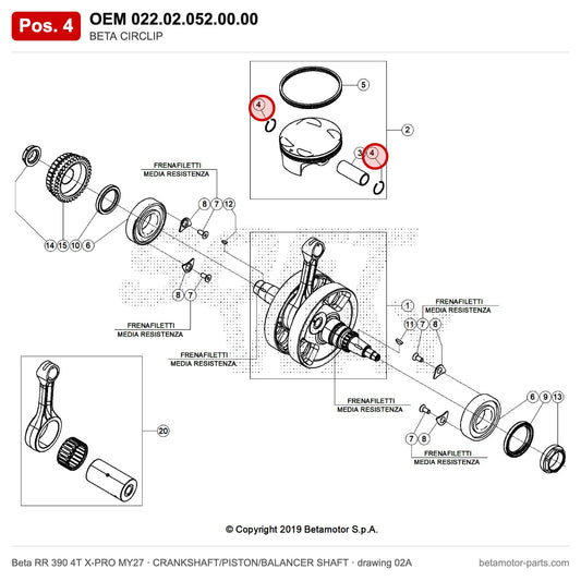 BETA CIRCLIP – OEM 022.02.052.00.00, position 4 on the Beta RR 390 4T X-PRO MY27 crankshaft/piston/balancer shaft drawing