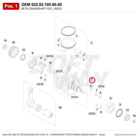 BETA CRANKSHAFT CPL, 350CC – OEM 022.02.100.80.00, position 1 on the Beta RR 350 4T STD/RACING MY13-MY14 crankshaft/piston/balancer shaft drawing