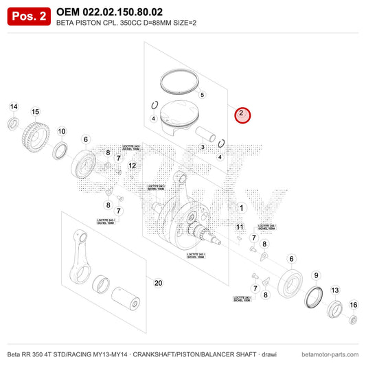 BETA PISTON CPL. 350CC D=88MM SIZE=2 – OEM 022.02.150.80.02, position 2 on the Beta RR 350 4T STD/RACING MY13-MY14 crankshaft/piston/balancer shaft drawing