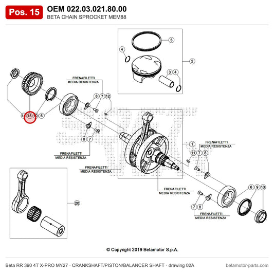 BETA CHAIN SPROCKET MEM88 – OEM 022.03.021.80.00, position 15 on the Beta RR 390 4T X-PRO MY27 crankshaft/piston/balancer shaft drawing
