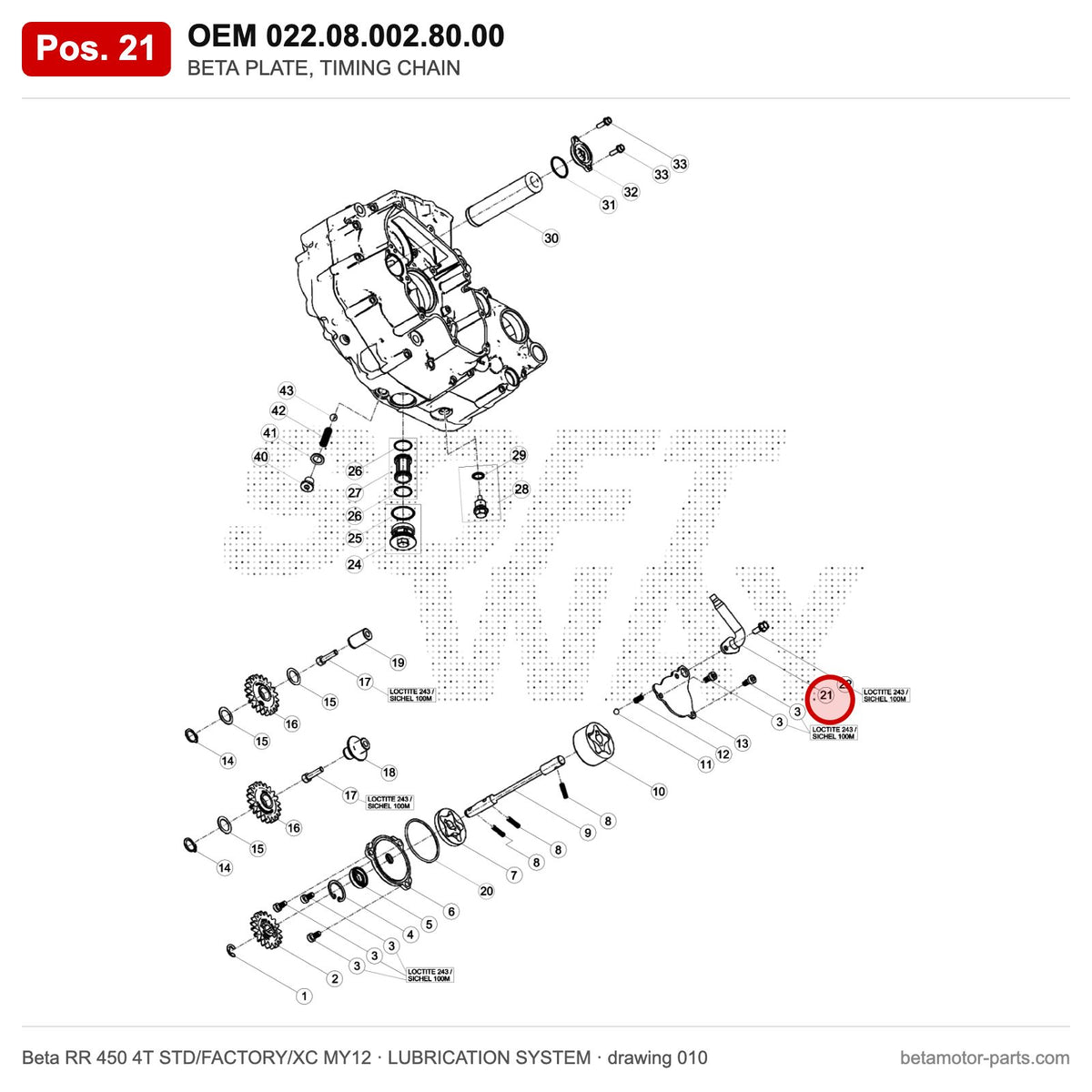 BETA PLATE, TIMING CHAIN – OEM 022.08.002.80.00, position 21 on the Beta RR 450 4T STD/FACTORY/XC MY12 lubrication system drawing