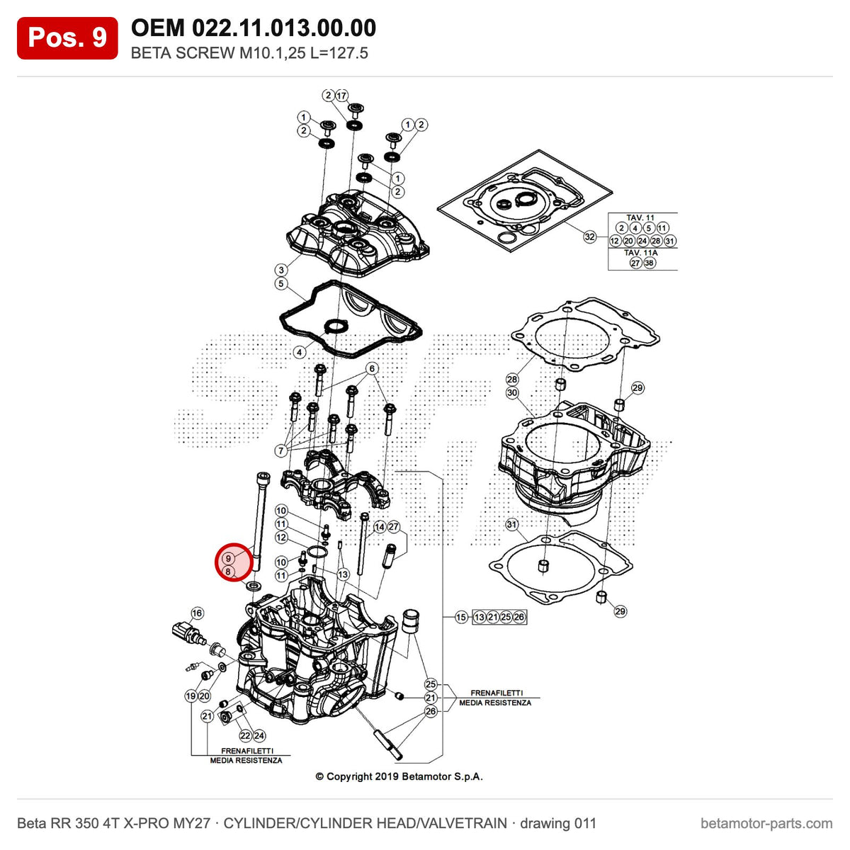 BETA SCREW M10.1,25 L=127.5 – OEM 022.11.013.00.00, position 9 on the Beta RR 350 4T X-PRO MY27 cylinder/cylinder head/valvetrain drawing