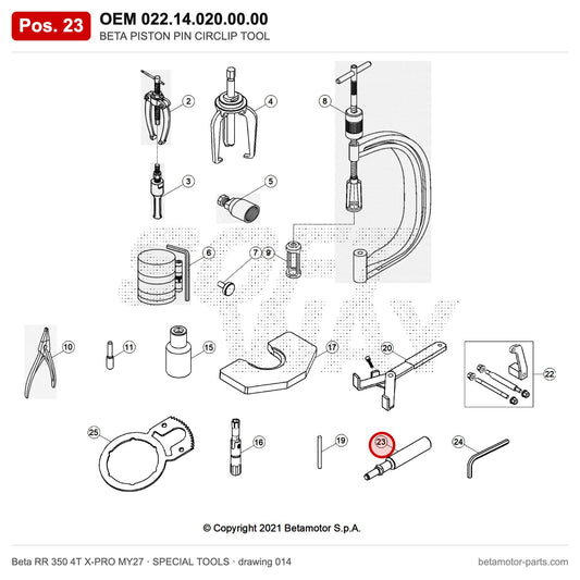 BETA PISTON PIN CIRCLIP TOOL – OEM 022.14.020.00.00, position 23 on the Beta RR 350 4T X-PRO MY27 special tools drawing