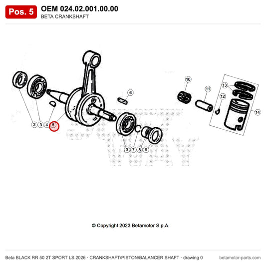BETA CRANKSHAFT – OEM 024.02.001.00.00, position 5 on the Beta BLACK RR 50 2T SPORT LS 2026 crankshaft/piston/balancer shaft drawing
