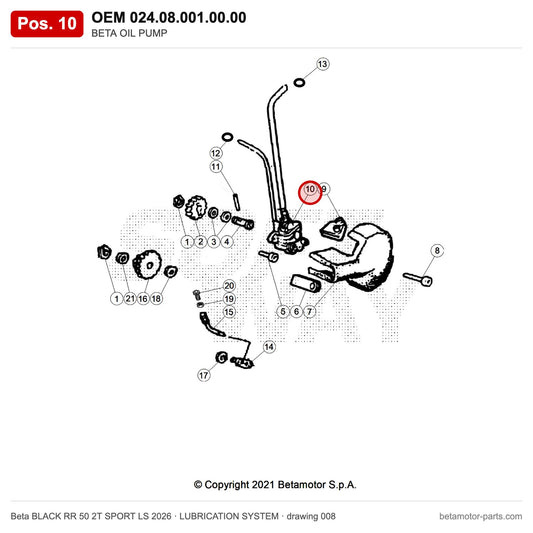 BETA OIL PUMP – OEM 024.08.001.00.00, position 10 on the Beta BLACK RR 50 2T SPORT LS 2026 lubrication system drawing