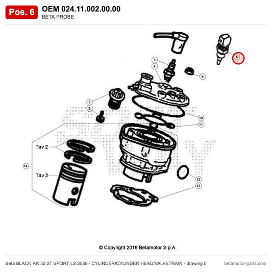 BETA PROBE – OEM 024.11.002.00.00, position 6 on the Beta BLACK RR 50 2T SPORT LS 2026 cylinder/cylinder head/valvetrain drawing