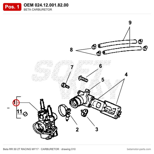 BETA CARBURETOR – OEM 024.12.001.82.00, position 1 on the Beta RR 50 2T RACING MY17 carburetor drawing