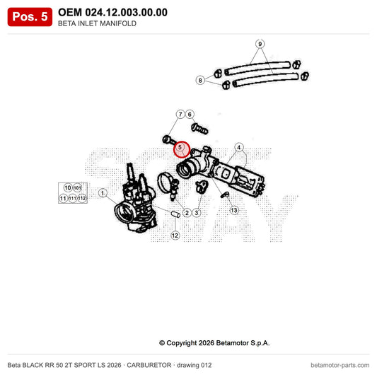 BETA INLET MANIFOLD – OEM 024.12.003.00.00, position 5 on the Beta BLACK RR 50 2T SPORT LS 2026 carburetor drawing