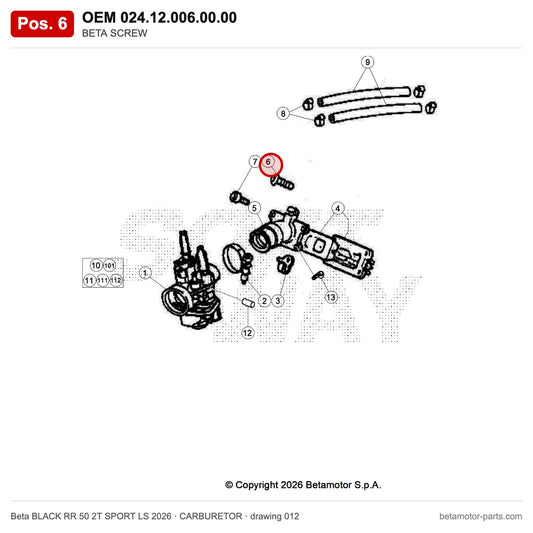 BETA SCREW – OEM 024.12.006.00.00, position 6 on the Beta BLACK RR 50 2T SPORT LS 2026 carburetor drawing