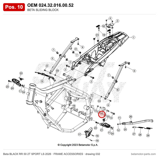 BETA SLIDING BLOCK – OEM 024.32.016.00.52, position 10 on the Beta BLACK RR 50 2T SPORT LS 2026 frame accessories drawing
