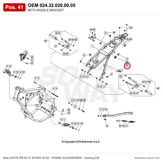 BETA SADDLE BRACKET – OEM 024.32.020.00.05, position 41 on the Beta WHITE RR 50 2T SPORT MY20 frame accessories drawing