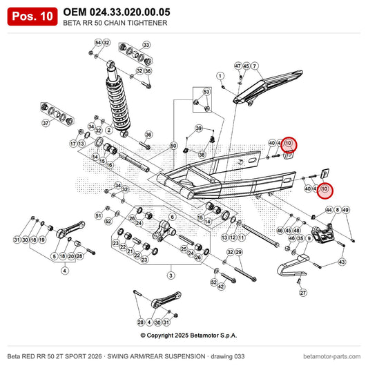 BETA RR 50 CHAIN TIGHTENER – OEM 024.33.020.00.05, position 10 on the Beta RED RR 50 2T SPORT 2026 swing arm/rear suspension drawing