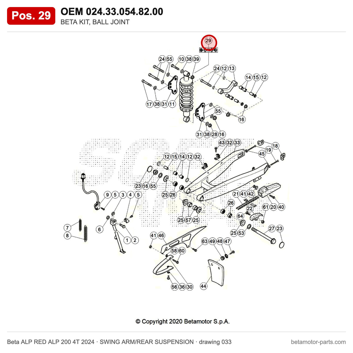 BETA KIT, BALL JOINT – OEM 024.33.054.82.00, position 29 on the Beta ALP RED ALP 200 4T 2024 swing arm/rear suspension drawing