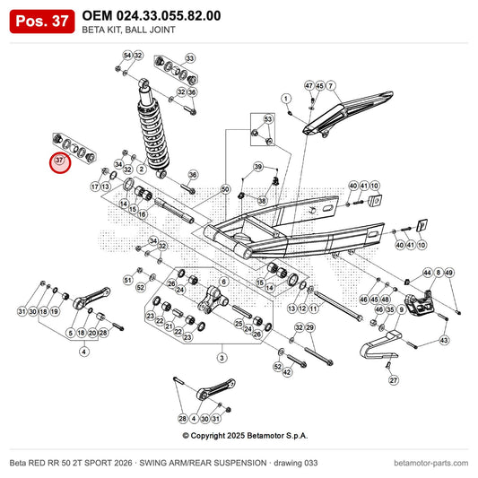 BETA KIT, BALL JOINT – OEM 024.33.055.82.00, position 37 on the Beta RED RR 50 2T SPORT 2026 swing arm/rear suspension drawing