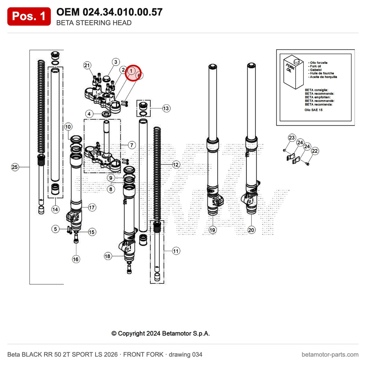 BETA STEERING HEAD – OEM 024.34.010.00.57, position 1 on the Beta BLACK RR 50 2T SPORT LS 2026 front fork drawing