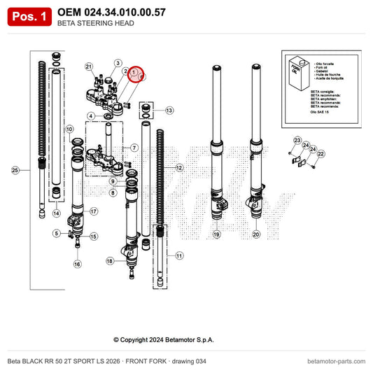 BETA STEERING HEAD – OEM 024.34.010.00.57, position 1 on the Beta BLACK RR 50 2T SPORT LS 2026 front fork drawing