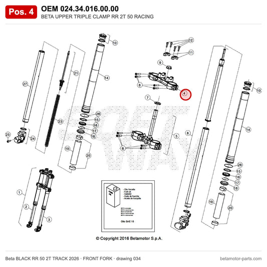 BETA UPPER TRIPLE CLAMP RR 2T 50 RACING – OEM 024.34.016.00.00, position 4 on the Beta BLACK RR 50 2T TRACK 2026 front fork drawing