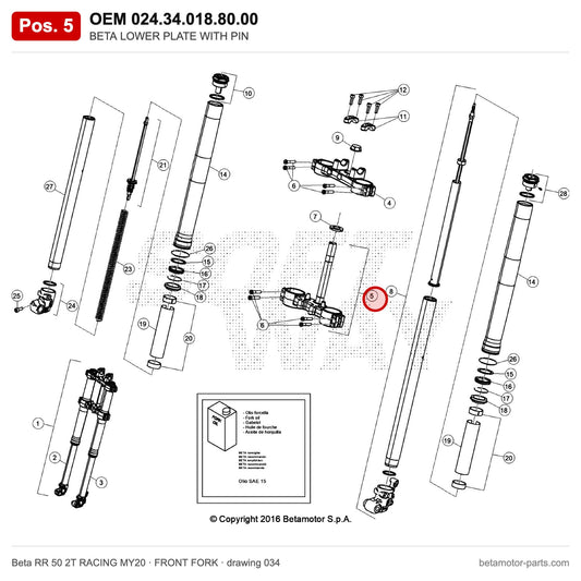 BETA LOWER PLATE WITH PIN – OEM 024.34.018.80.00, position 5 on the Beta RR 50 2T RACING MY20 front fork drawing