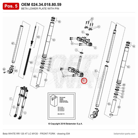 BETA LOWER PLATE WITH PIN – OEM 024.34.018.80.59, position 5 on the Beta WHITE RR 125 4T LC MY20 front fork drawing