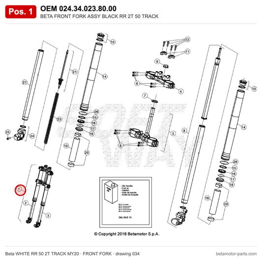 BETA FRONT FORK ASSY BLACK RR 2T 50 TRACK – OEM 024.34.023.80.00, position 1 on the Beta WHITE RR 50 2T TRACK MY20 front fork drawing