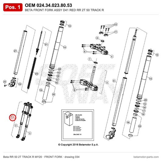 BETA FRONT FORK ASSY D41 RED RR 2T 50 TRACK R – OEM 024.34.023.80.53, position 1 on the Beta RR 50 2T TRACK R MY20 front fork drawing