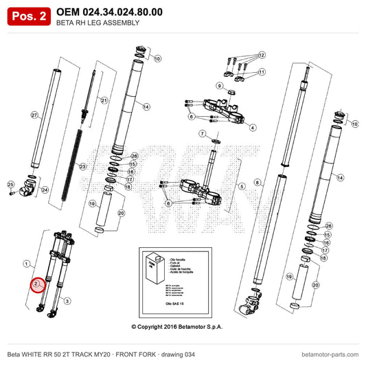 BETA RH LEG ASSEMBLY – OEM 024.34.024.80.00, position 2 on the Beta WHITE RR 50 2T TRACK MY20 front fork drawing