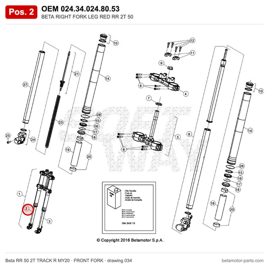 BETA RIGHT FORK LEG RED RR 2T 50 – OEM 024.34.024.80.53, position 2 on the Beta RR 50 2T TRACK R MY20 front fork drawing