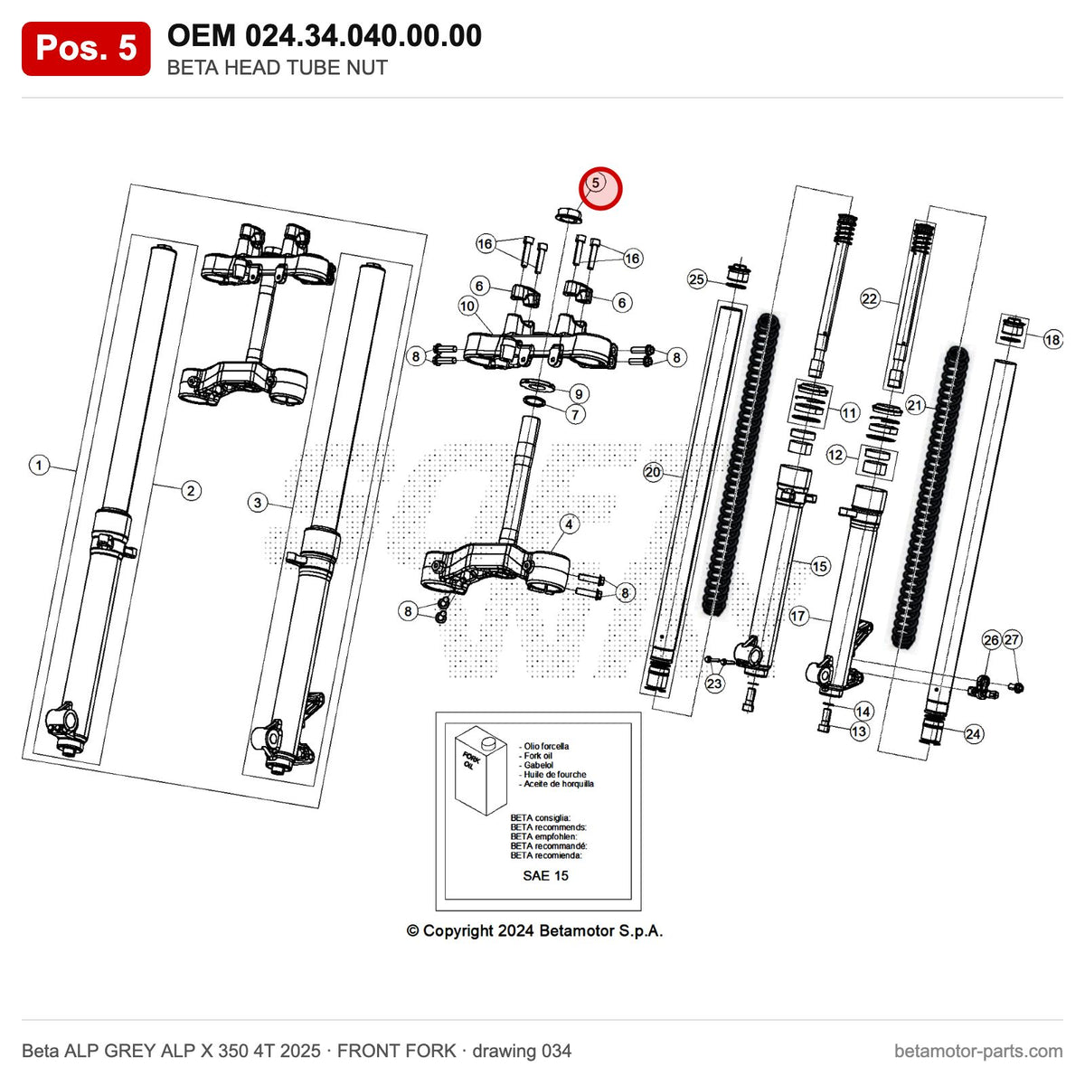 BETA HEAD TUBE NUT – OEM 024.34.040.00.00, position 5 on the Beta ALP GREY ALP X 350 4T 2025 front fork drawing