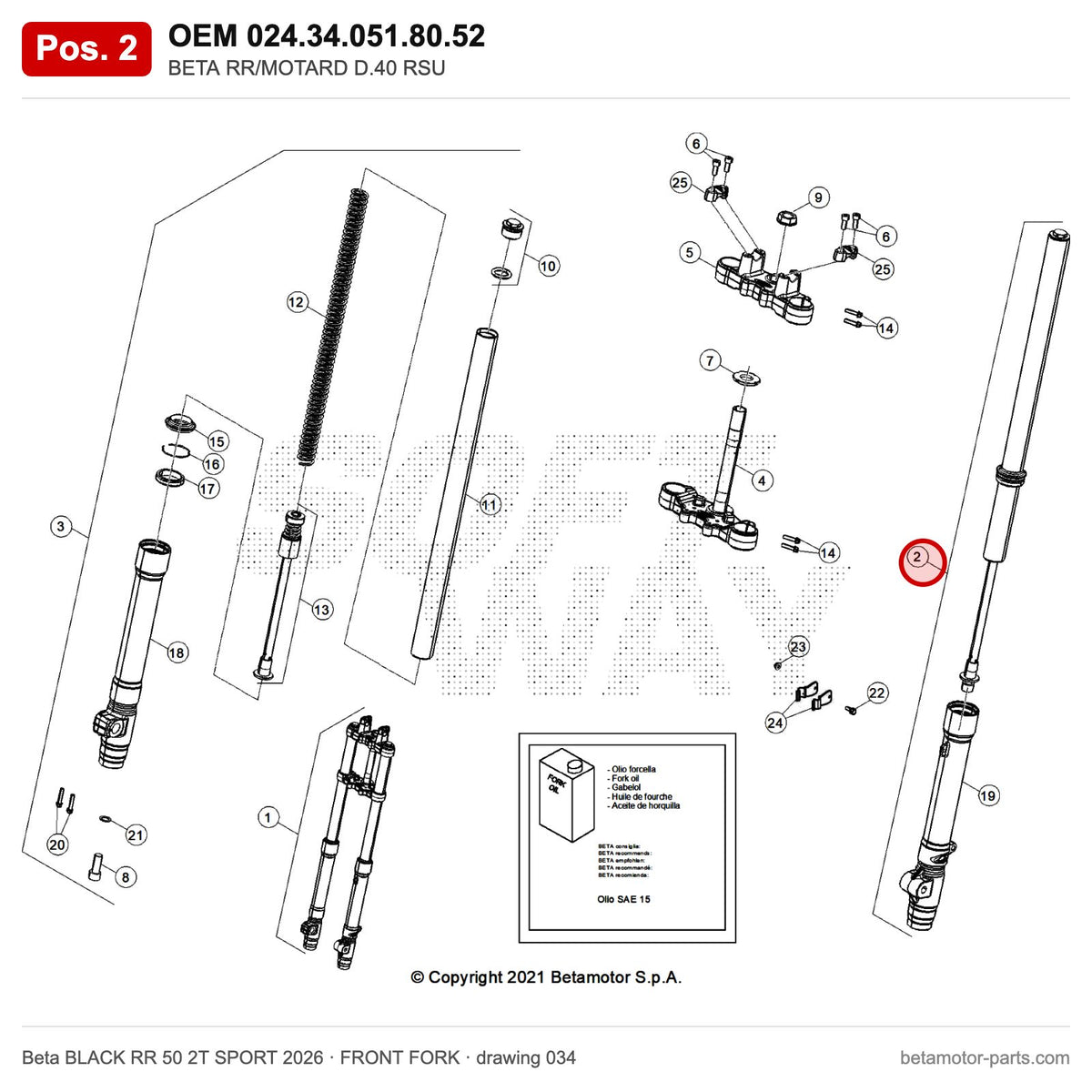 BETA RR/MOTARD D.40 RSU – OEM 024.34.051.80.52, position 2 on the Beta BLACK RR 50 2T SPORT 2026 front fork drawing