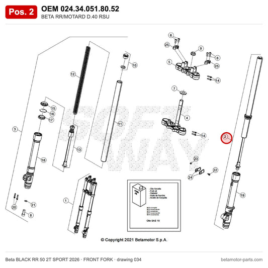 BETA RR/MOTARD D.40 RSU – OEM 024.34.051.80.52, position 2 on the Beta BLACK RR 50 2T SPORT 2026 front fork drawing