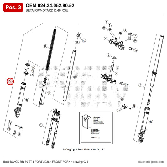 BETA RR/MOTARD D.40 RSU – OEM 024.34.052.80.52, position 3 on the Beta BLACK RR 50 2T SPORT 2026 front fork drawing