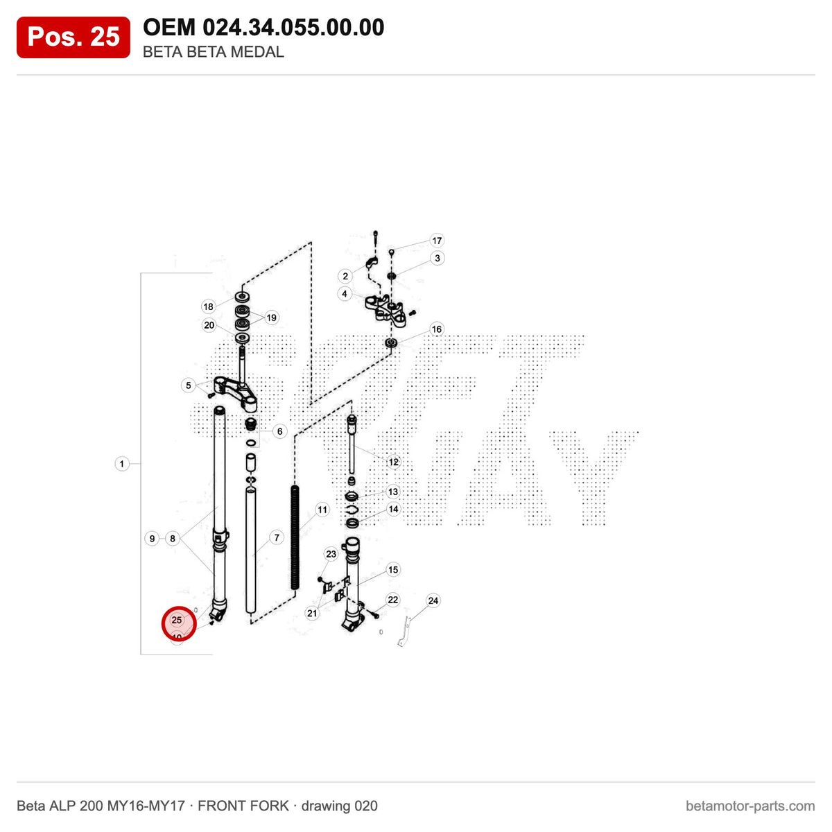 BETA BETA MEDAL – OEM 024.34.055.00.00, position 25 on the Beta ALP 200 MY16-MY17 front fork drawing