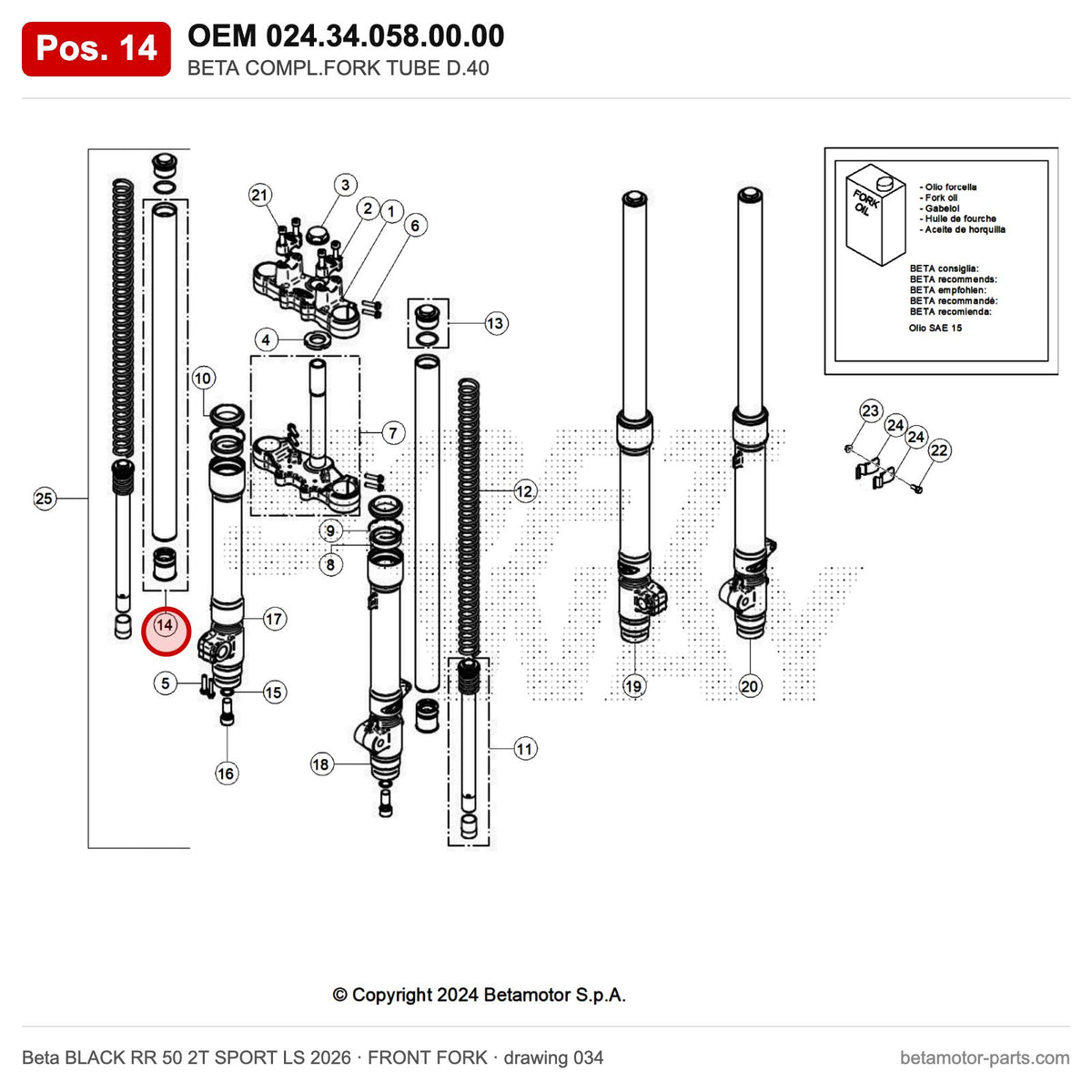 BETA COMPL.FORK TUBE D.40 – OEM 024.34.058.00.00, position 14 on the Beta BLACK RR 50 2T SPORT LS 2026 front fork drawing