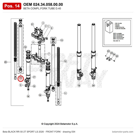 BETA COMPL.FORK TUBE D.40 – OEM 024.34.058.00.00, position 14 on the Beta BLACK RR 50 2T SPORT LS 2026 front fork drawing
