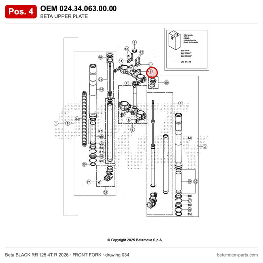 BETA UPPER PLATE – OEM 024.34.063.00.00, position 4 on the Beta BLACK RR 125 4T R 2026 front fork drawing