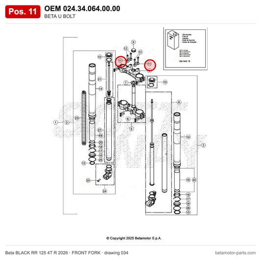 BETA U BOLT – OEM 024.34.064.00.00, position 11 on the Beta BLACK RR 125 4T R 2026 front fork drawing