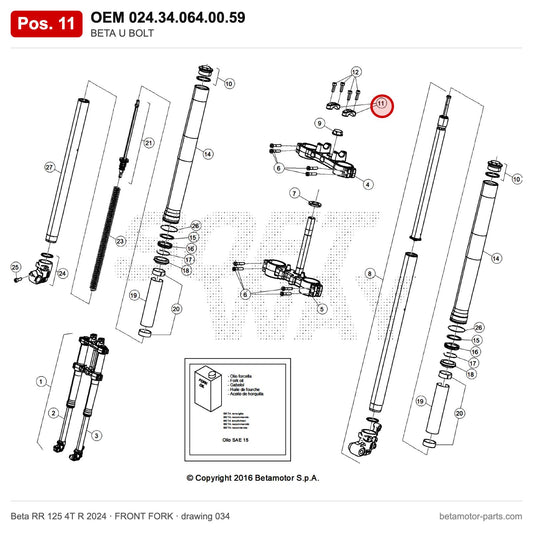 BETA U BOLT – OEM 024.34.064.00.59, position 11 on the Beta RR 125 4T R 2024 front fork drawing