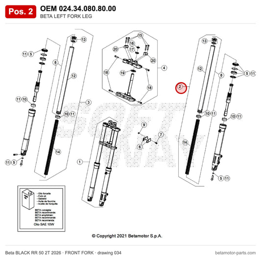 BETA LEFT FORK LEG – OEM 024.34.080.80.00, position 2 on the Beta BLACK RR 50 2T 2026 front fork drawing