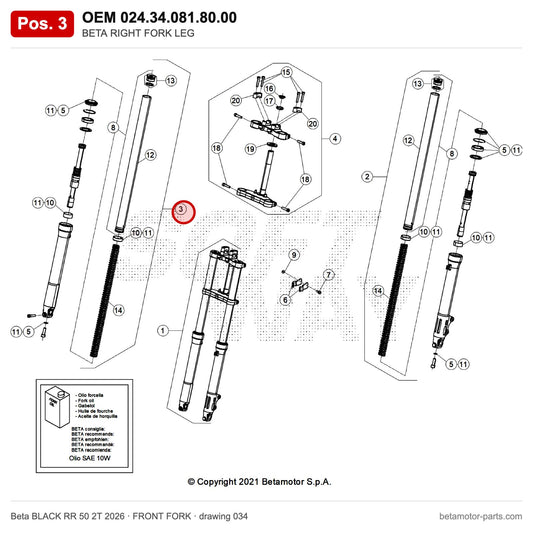 BETA RIGHT FORK LEG – OEM 024.34.081.80.00, position 3 on the Beta BLACK RR 50 2T 2026 front fork drawing