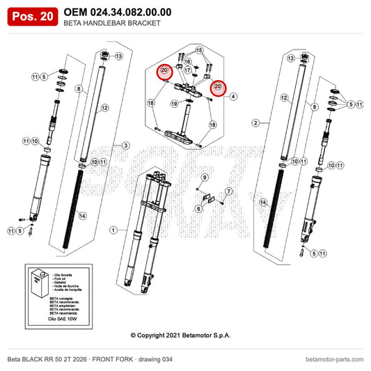 BETA HANDLEBAR BRACKET – OEM 024.34.082.00.00, position 20 on the Beta BLACK RR 50 2T 2026 front fork drawing
