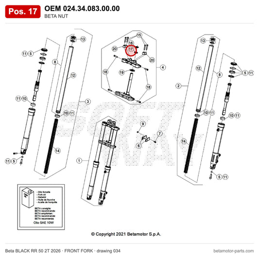 BETA NUT – OEM 024.34.083.00.00, position 17 on the Beta BLACK RR 50 2T 2026 front fork drawing
