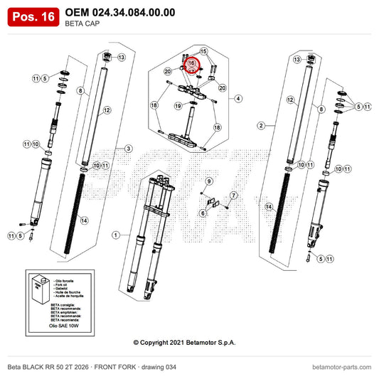 BETA CAP – OEM 024.34.084.00.00, position 16 on the Beta BLACK RR 50 2T 2026 front fork drawing