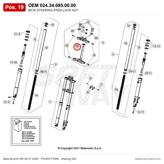 BETA STEERING STEM LOCK NUT – OEM 024.34.085.00.00, position 19 on the Beta BLACK RR 50 2T 2026 front fork drawing