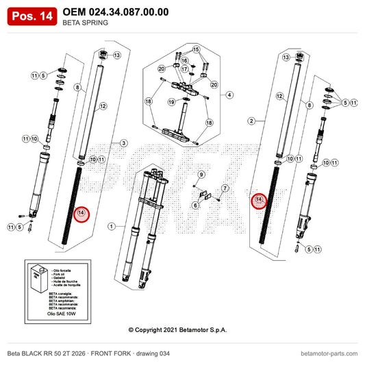 BETA SPRING – OEM 024.34.087.00.00, position 14 on the Beta BLACK RR 50 2T 2026 front fork drawing