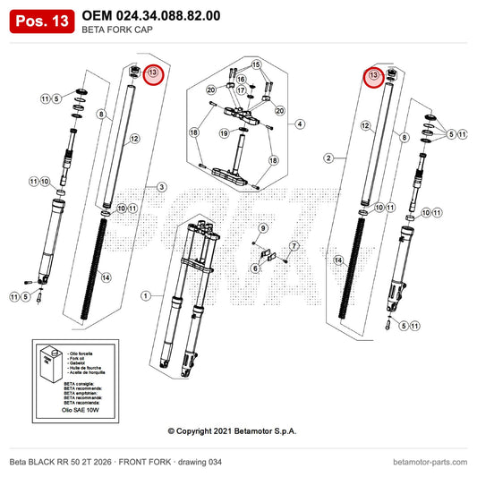 BETA FORK CAP – OEM 024.34.088.82.00, position 13 on the Beta BLACK RR 50 2T 2026 front fork drawing