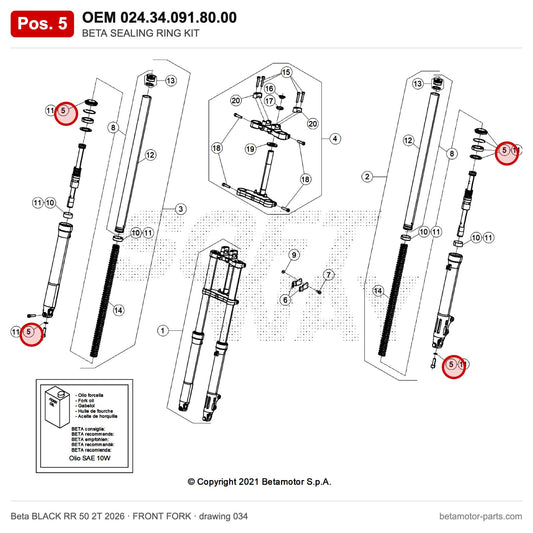 BETA SEALING RING KIT – OEM 024.34.091.80.00, position 5 on the Beta BLACK RR 50 2T 2026 front fork drawing