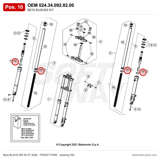 BETA BUSHES KIT – OEM 024.34.092.82.00, position 10 on the Beta BLACK RR 50 2T 2026 front fork drawing